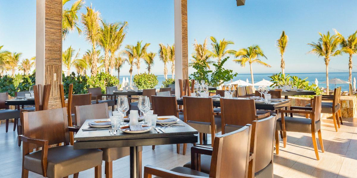 tropical food in Cabo Latitud 23.5 Steak House restaurant with outdoor seating area in Villa la Valencia Cabo San Lucas