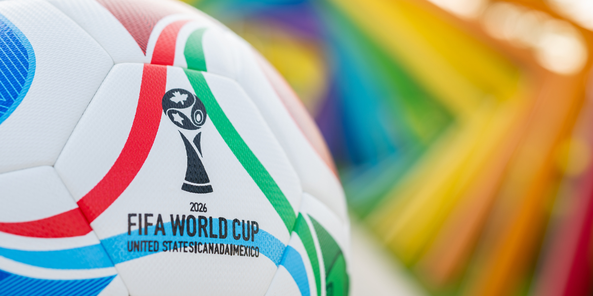 Close-up of the official FIFA World Cup 2026 soccer ball featuring United States, Canada, and Mexico logos.