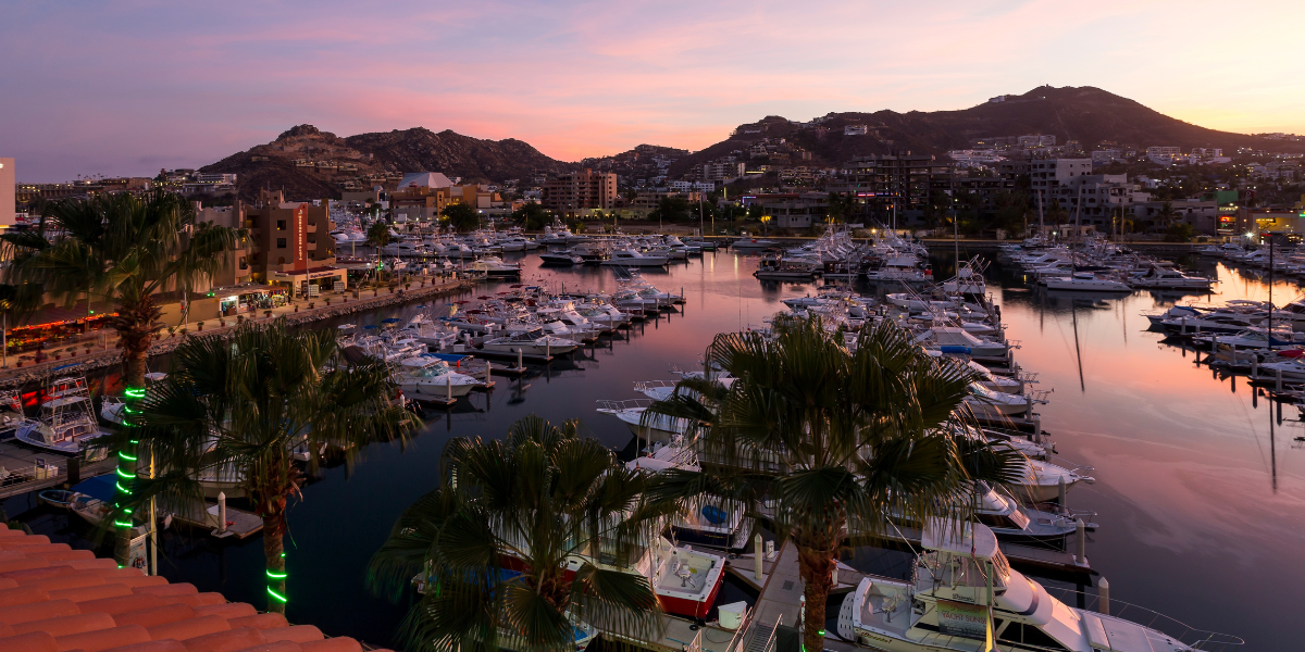 View of the port of Cabo San Lucas with luxury yachts