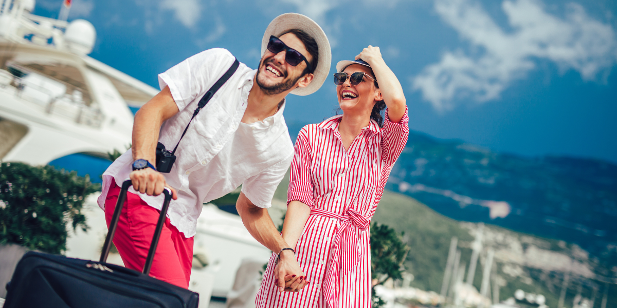 Young couple in love getting ready for their trip to Cabo