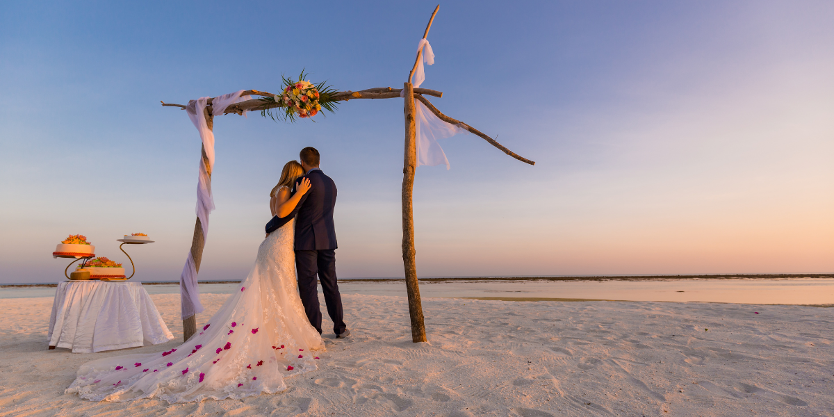 Pareja de recién casados observando el mar de fondo